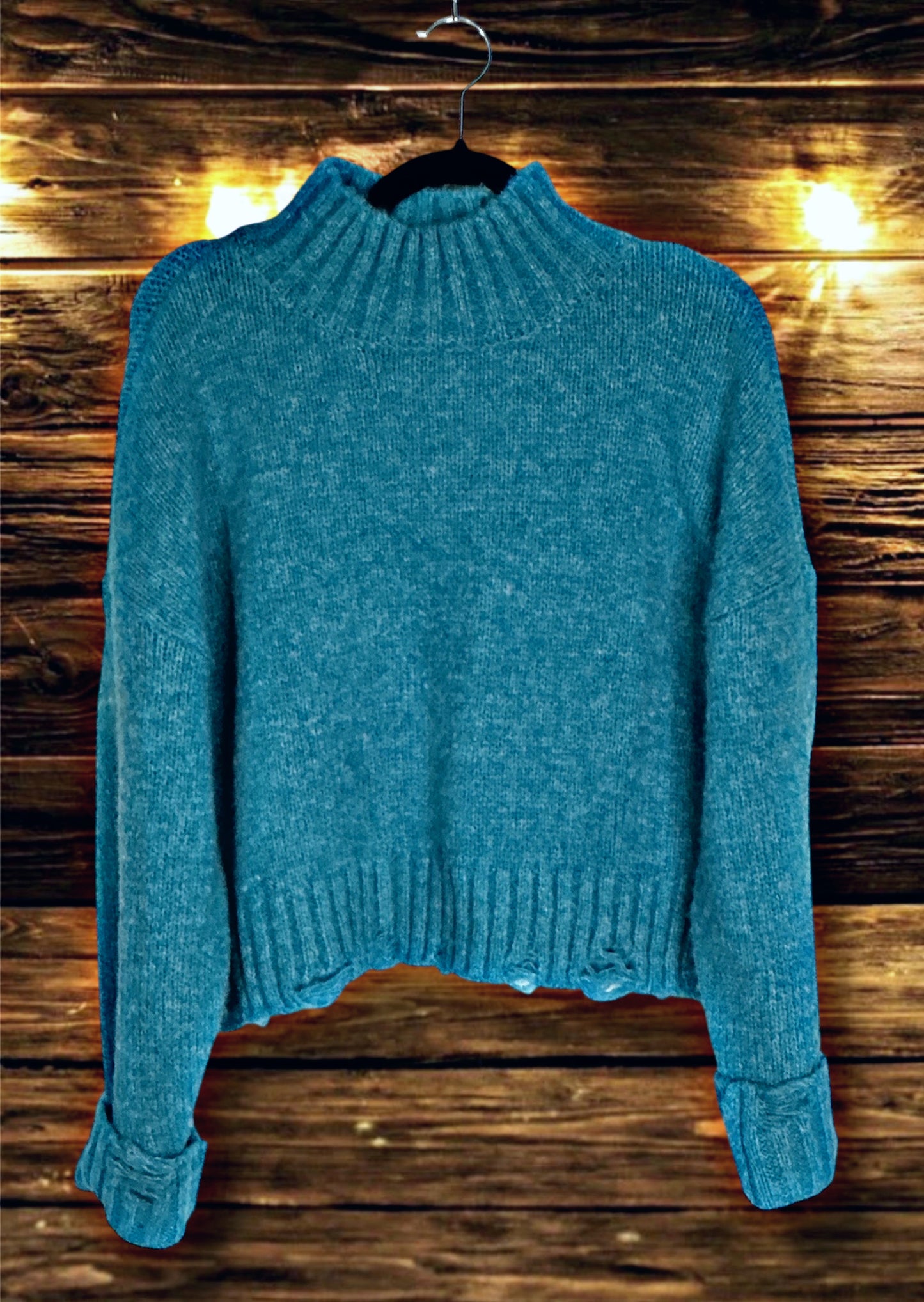 Blue Mock Neck Distressed Sweater
