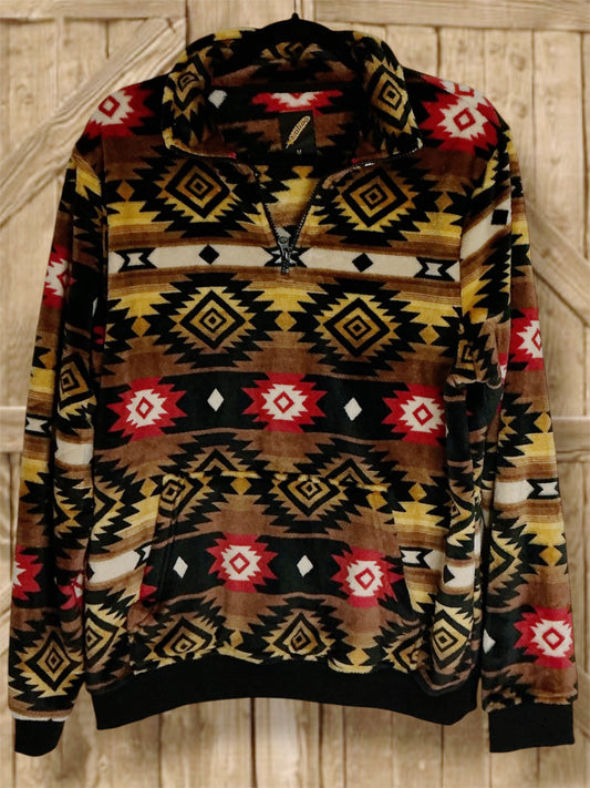 Taupe/Red Aztec Half Zip Pullover