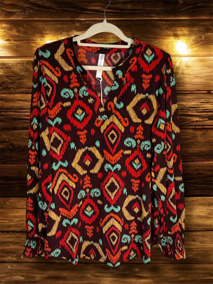Brown/Geographic Print Long Sleeved Top