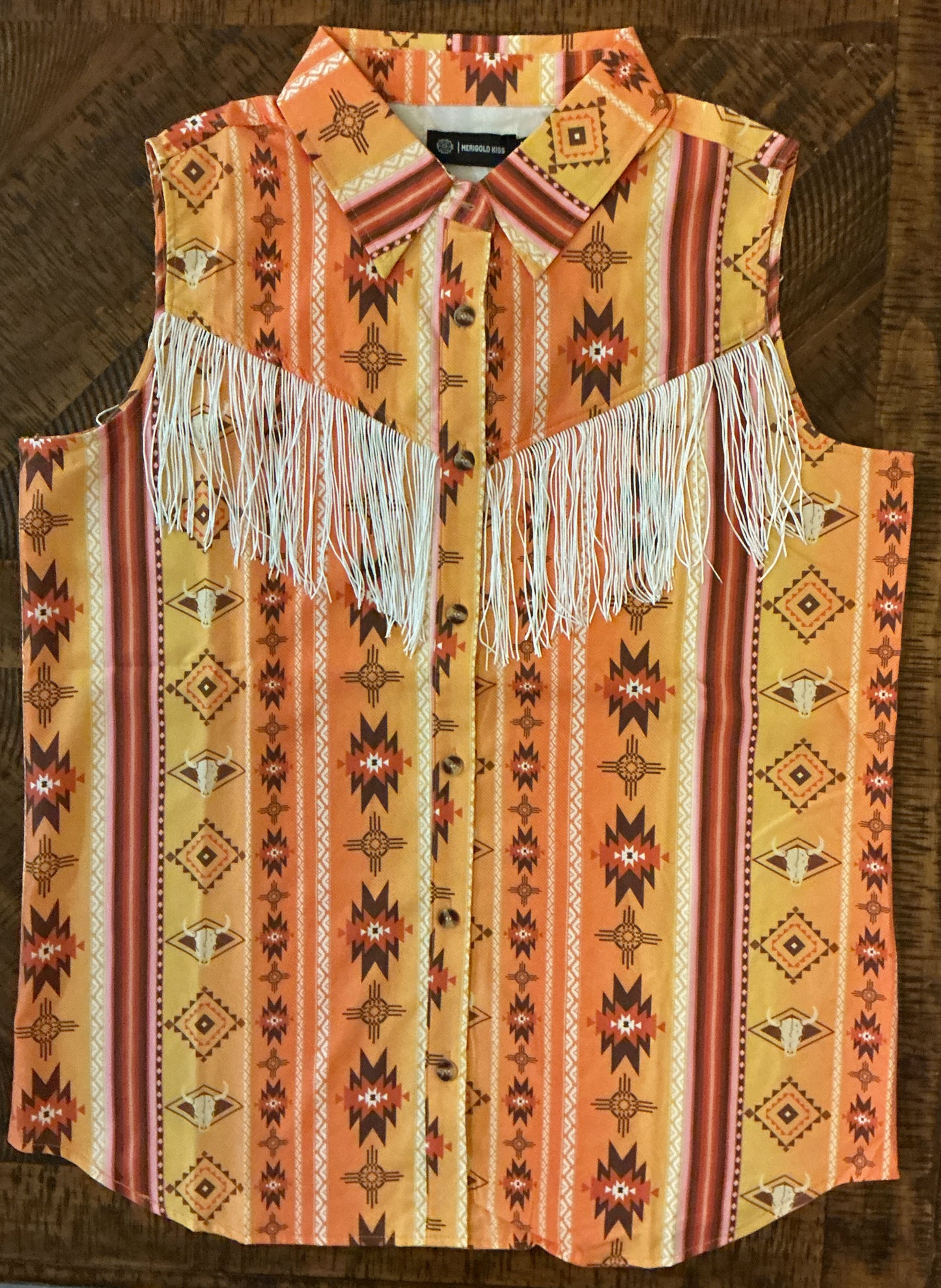 Orange Aztec Fringe Button Up Shirt