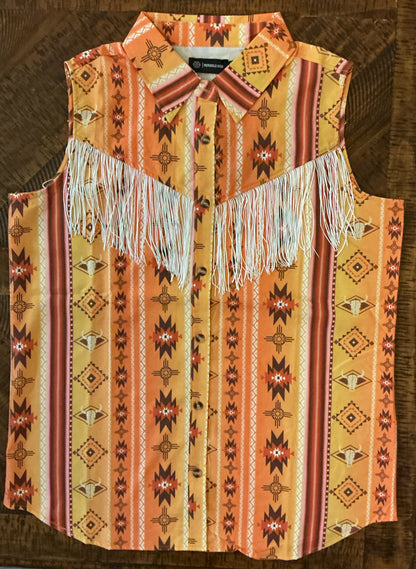 Orange Aztec Fringe Button Up Shirt