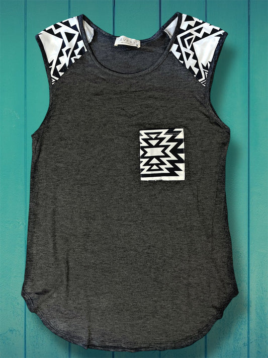 Charcoal Cap Sleeve Aztec Top