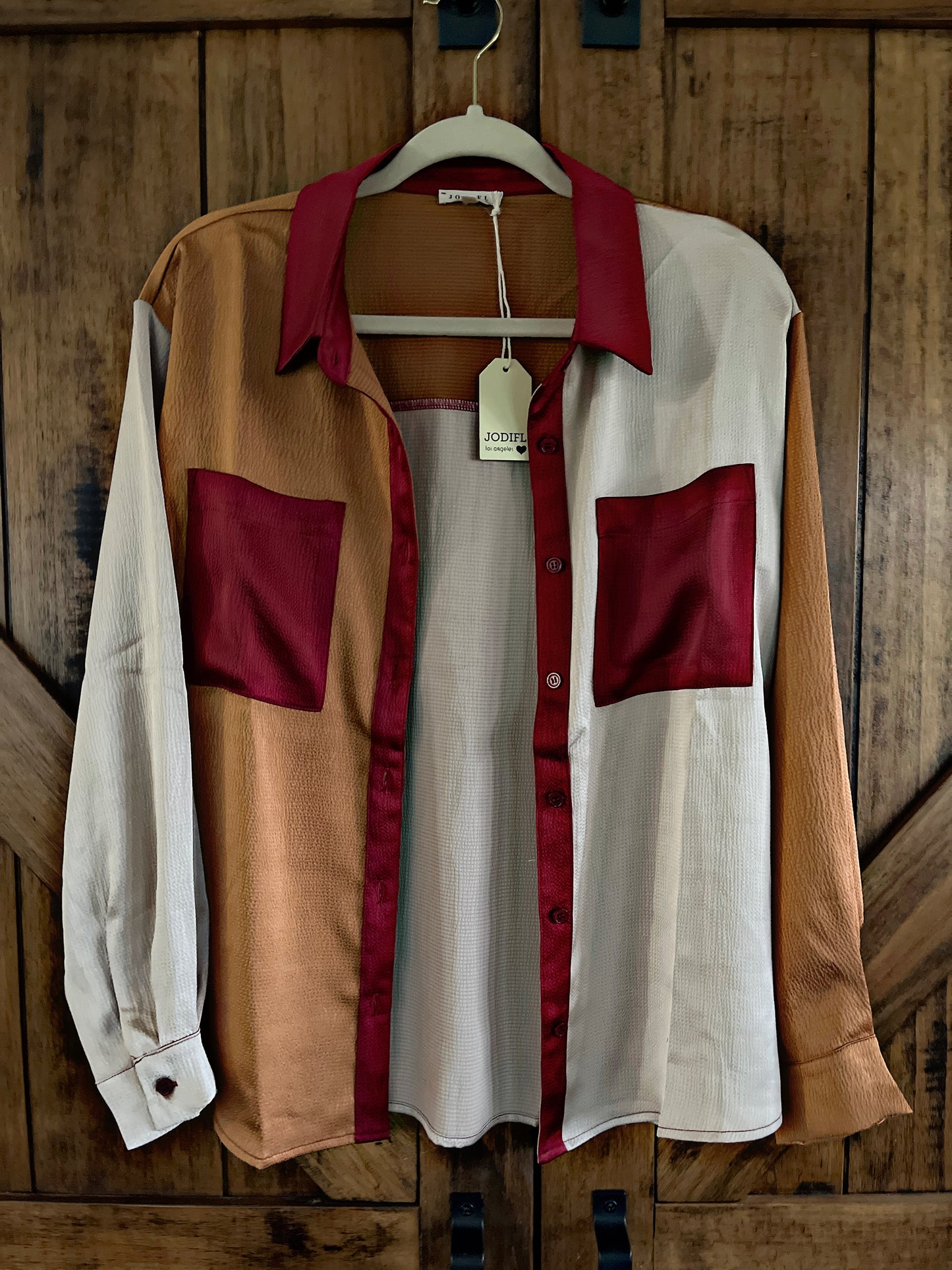 Satin Colorblock Top Wine/Oatmeal