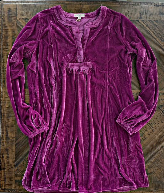 Magenta V Neck Velvet Dress