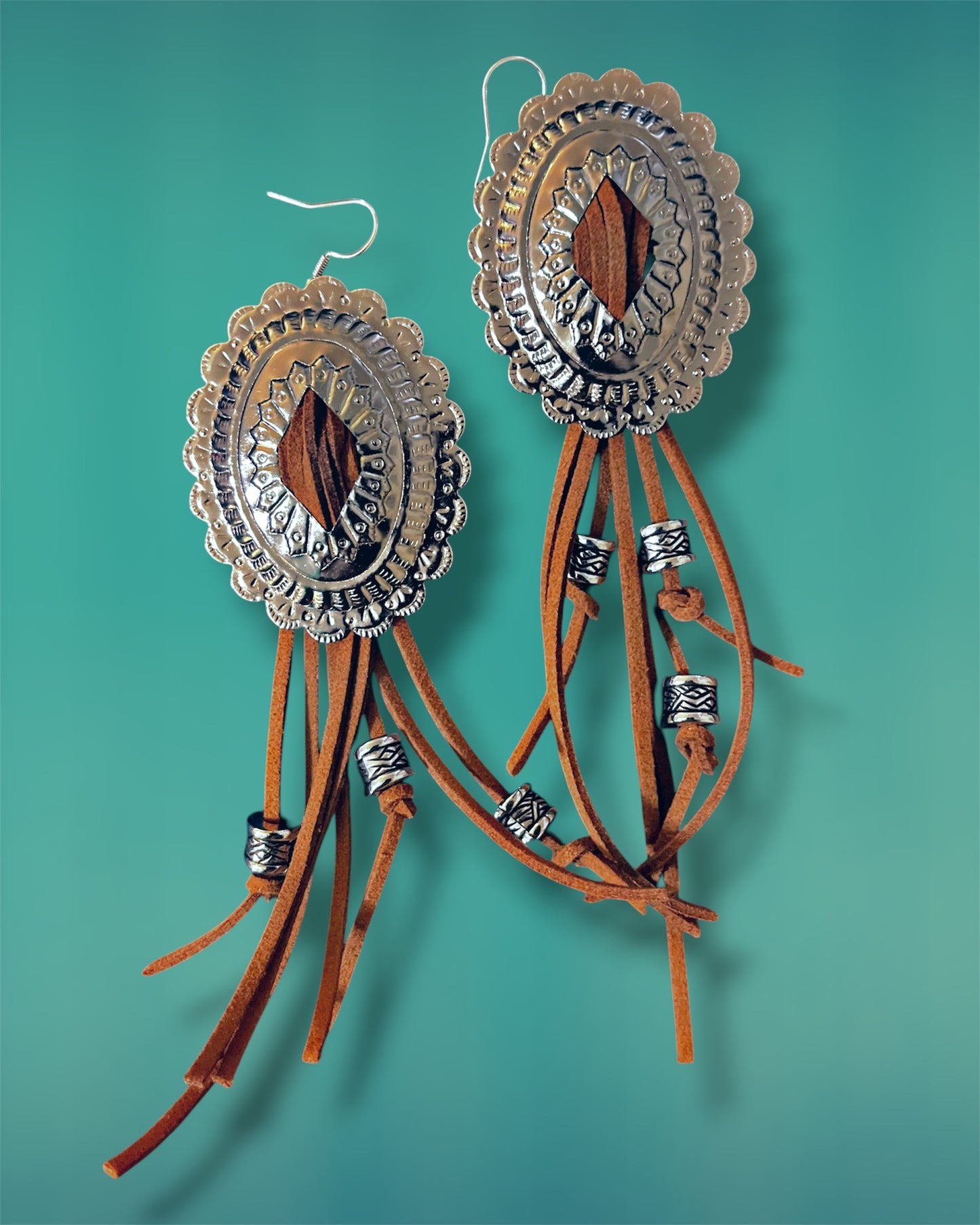 Concho and Leather Fringe Earrings