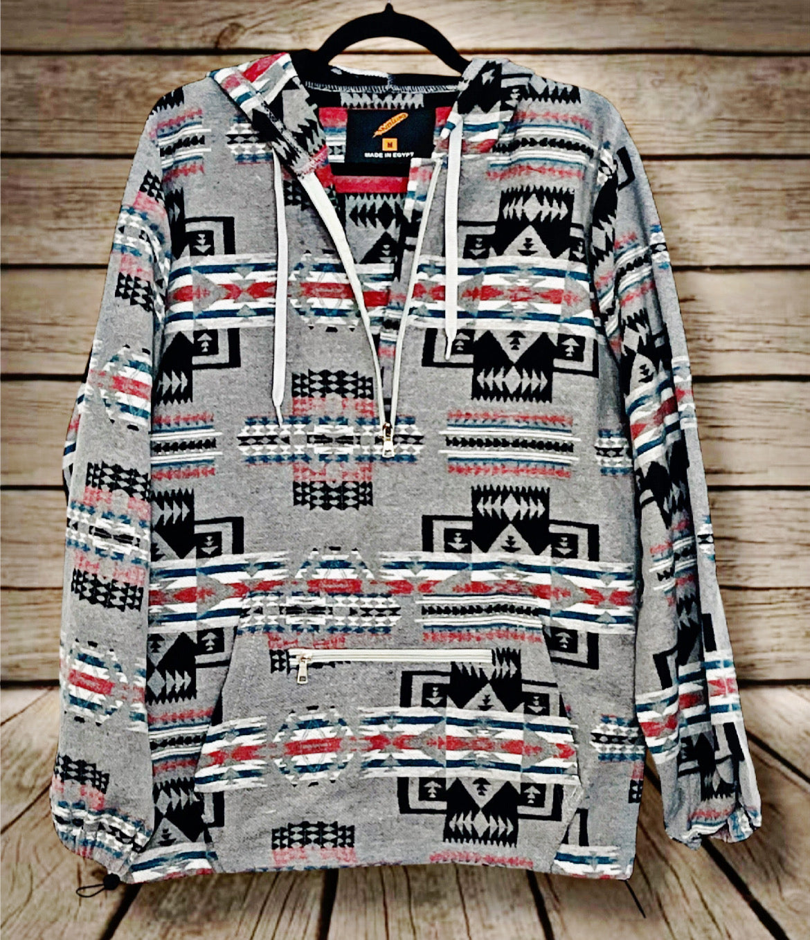 Zipper Pocket Gray Aztec Hoodie