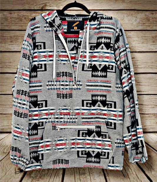 Zipper Pocket Gray Aztec Hoodie