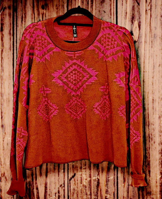 Rust/Pink Aztec Crop Sweater