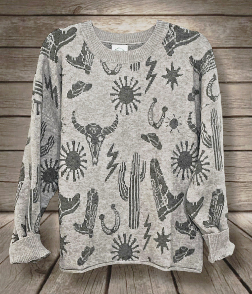 Gray Western Print Sweater