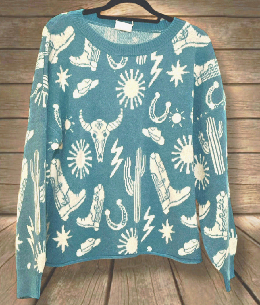 Teal Western Print Sweater