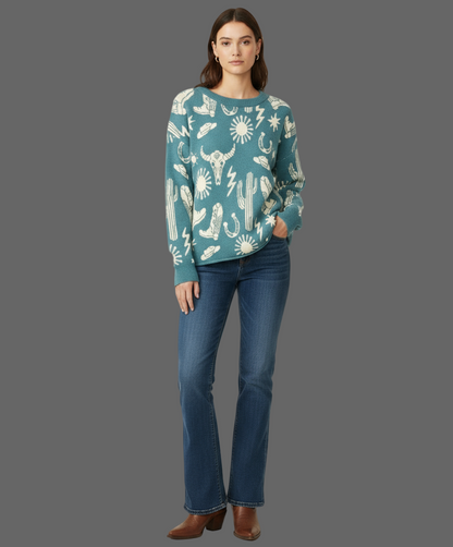 Teal Western Print Sweater