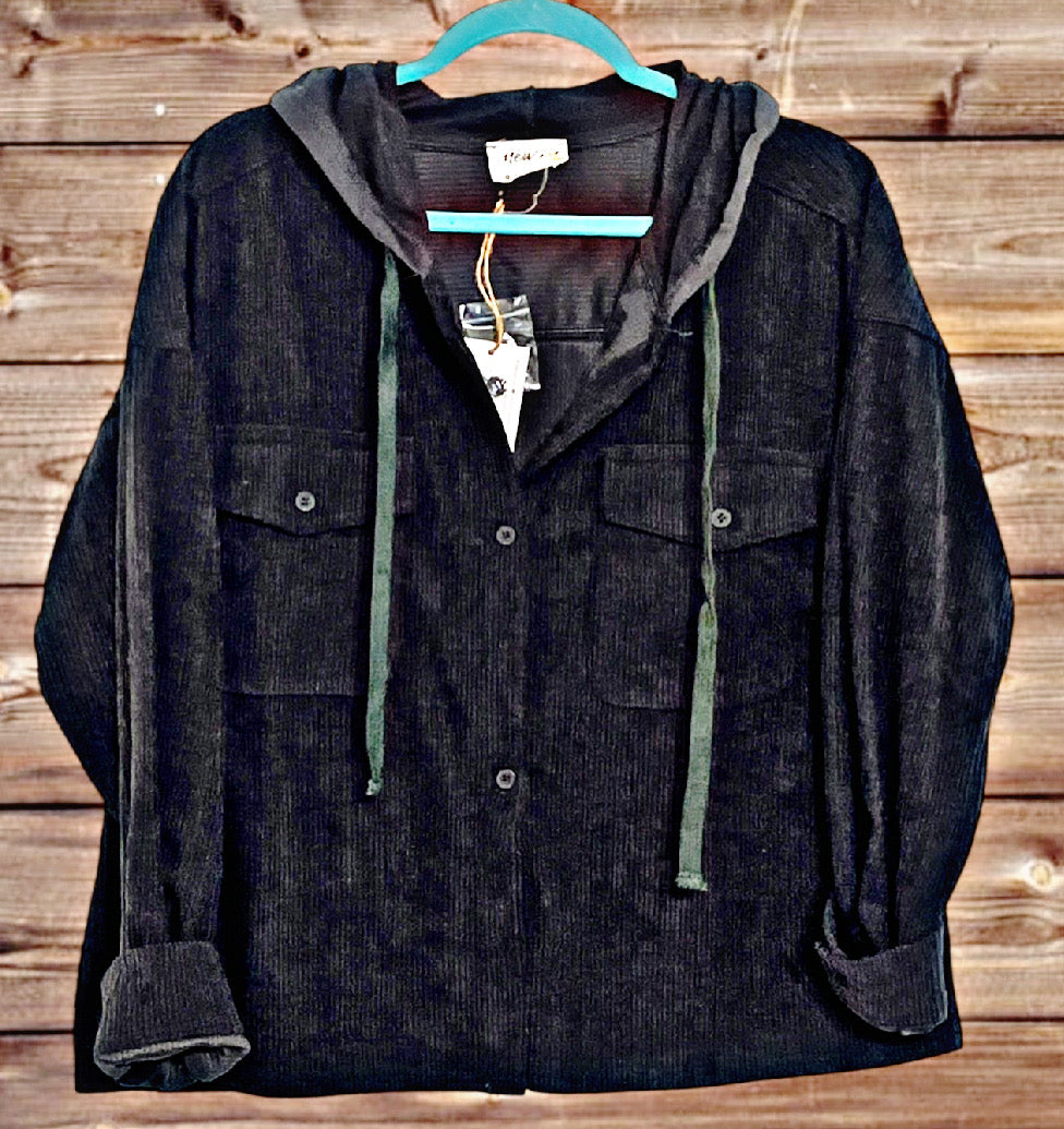 Charcoal Corduroy Hooded Shacket
