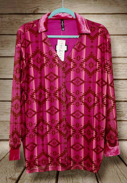 Pink Aztec Print Button Up