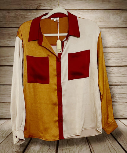 Satin Colorblock Top Wine/Oatmeal