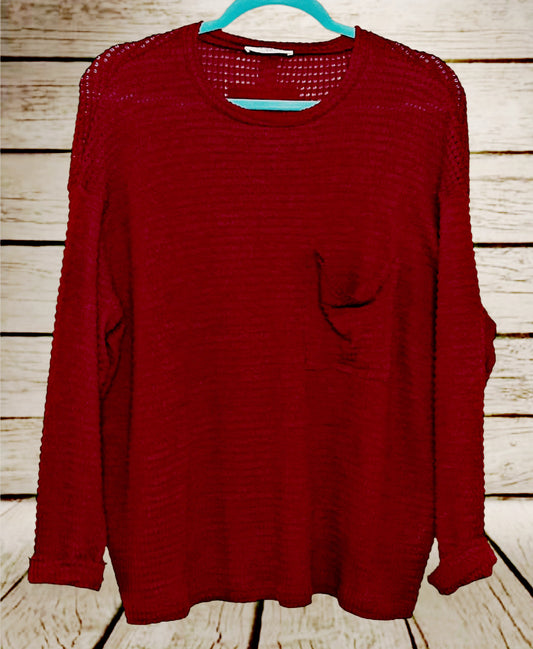 Burgundy Waffle Pocket Long Sleeve Top