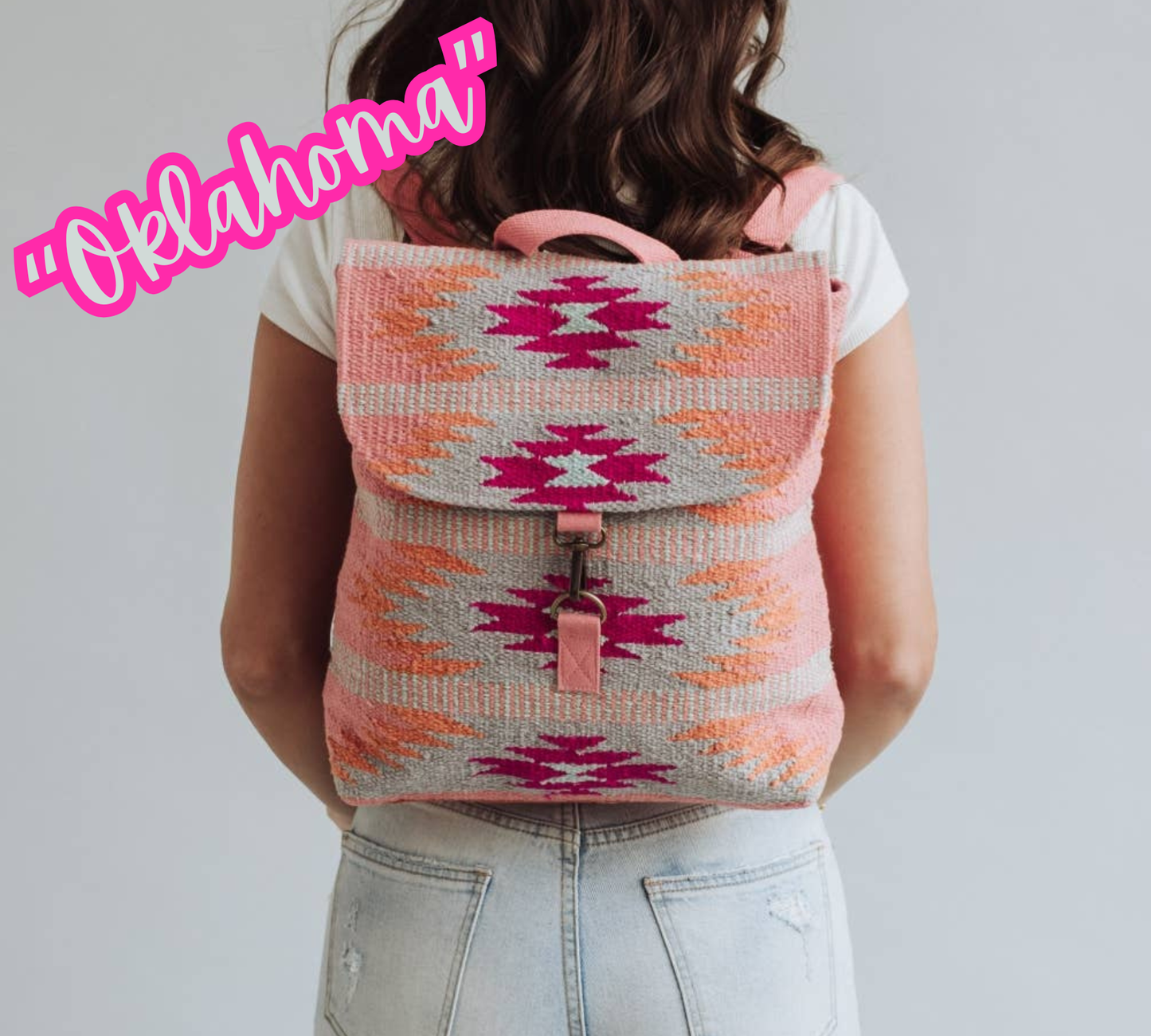 “Oklahoma” - Orange, Bright Pink & Slate Aztec Backpack