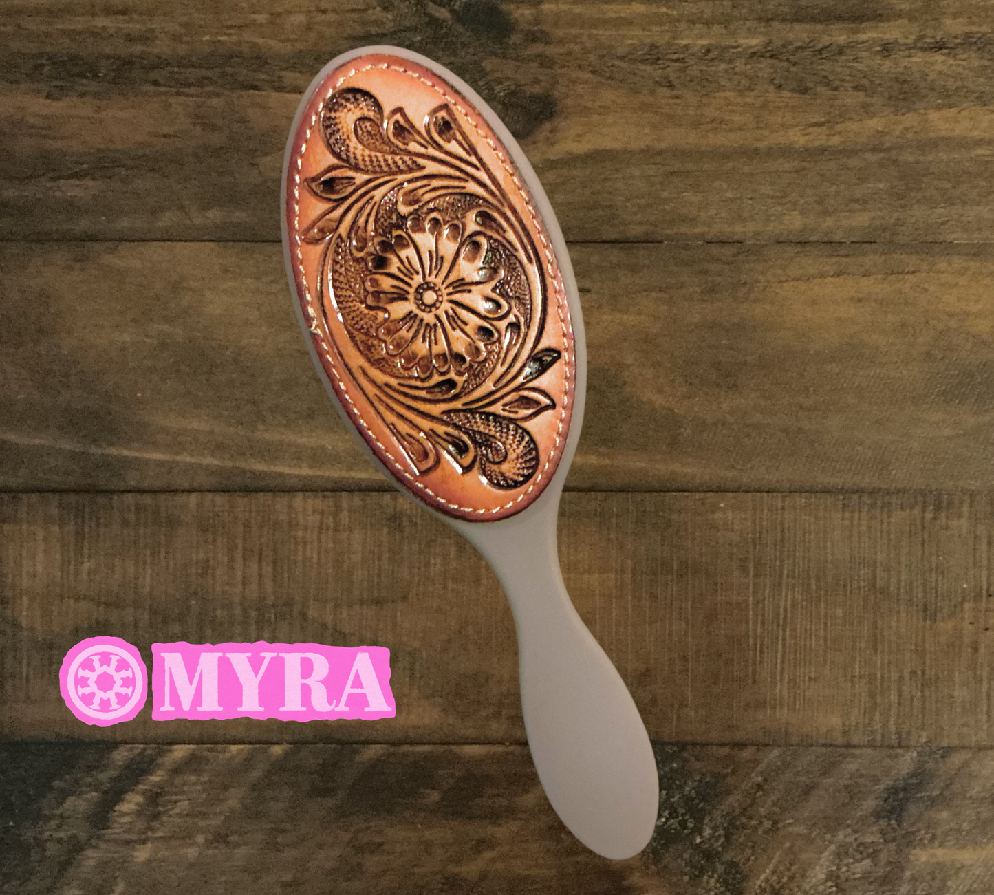 Brown Hairbrush with Tooled Leather
