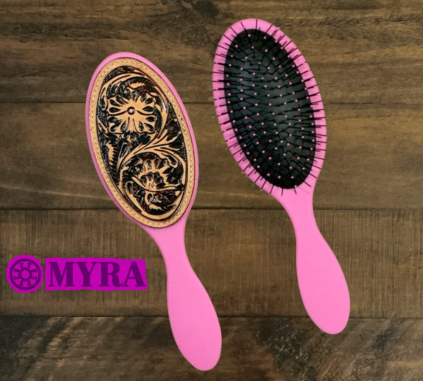 Pink Hairbrush with Leather Tooling