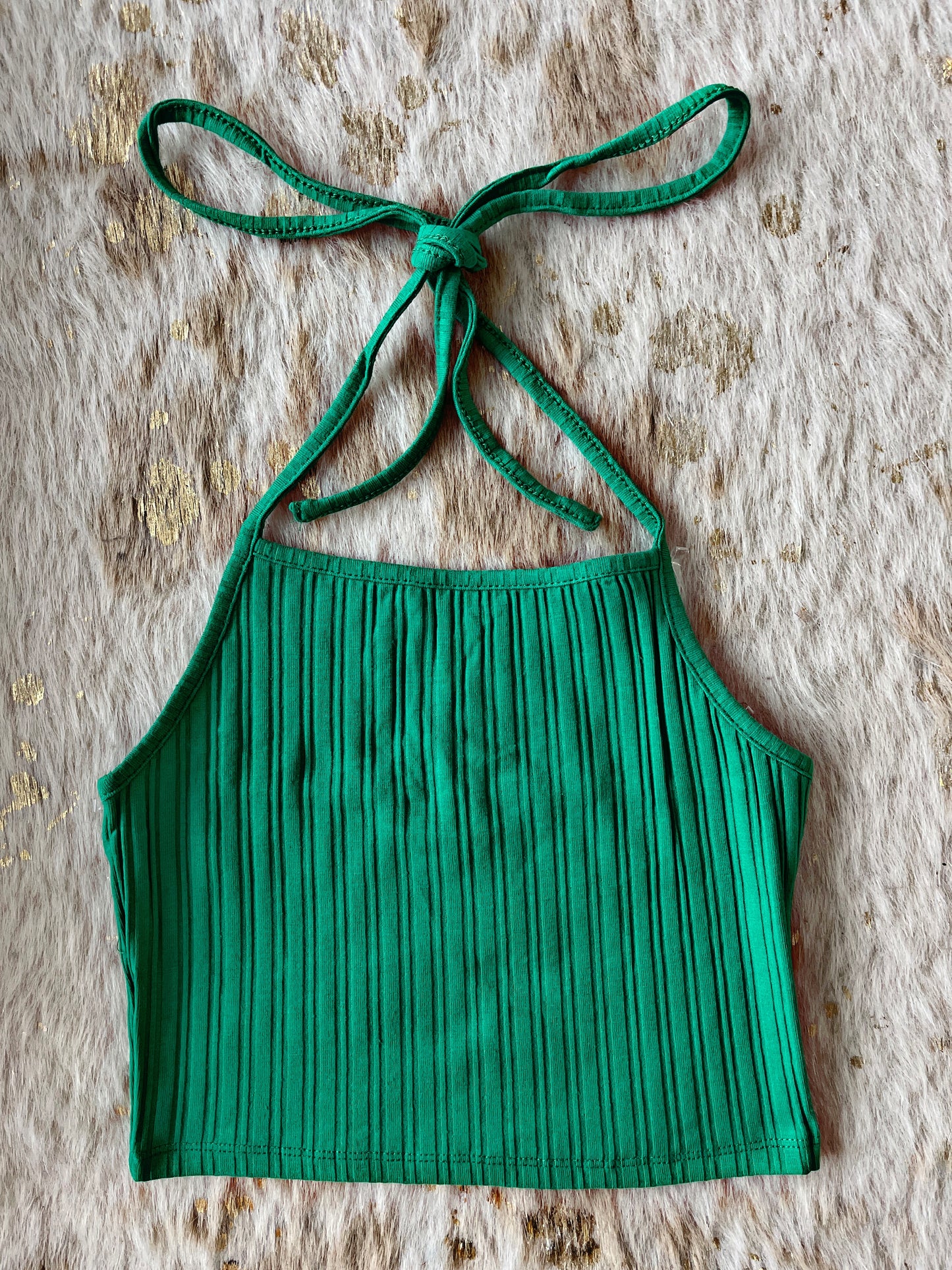 Green Ribbed Halter Crop