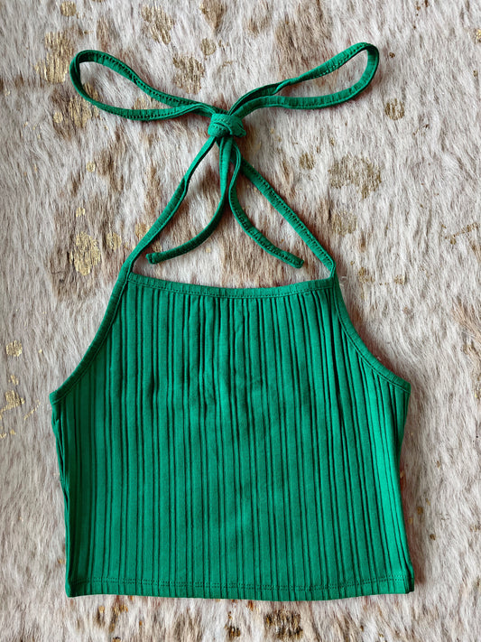 Green Ribbed Halter Crop