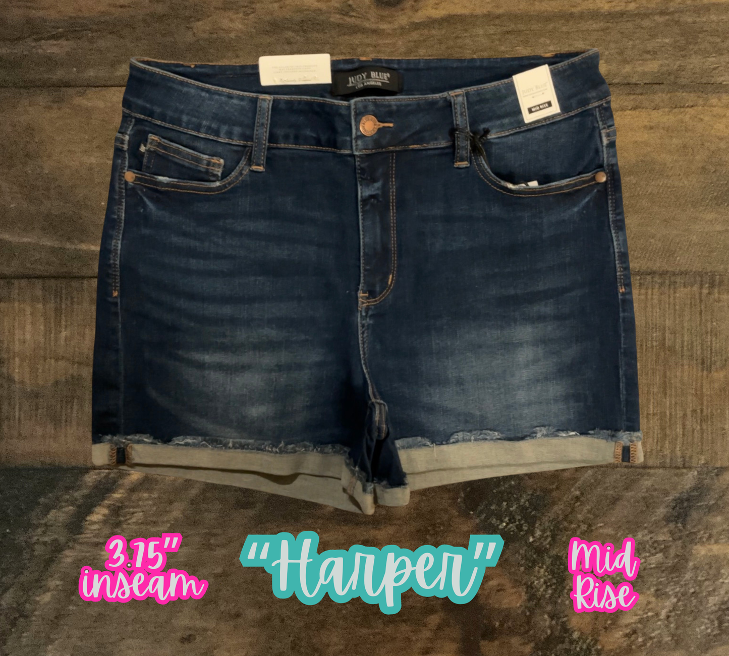 “Harper” - Mid-Rise Cuffed Hem Dark Washed Shorts