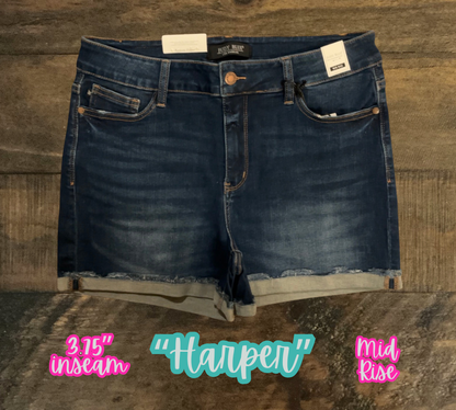 “Harper” - Mid-Rise Cuffed Hem Dark Washed Shorts