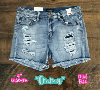 “Emma” - Mid-Rise Destroyed/Patched Shorts