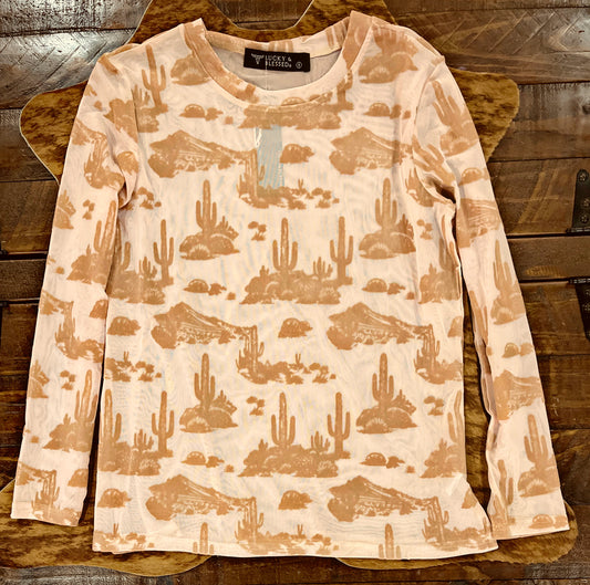 Peach Burnout Western Scene Print Mesh Top