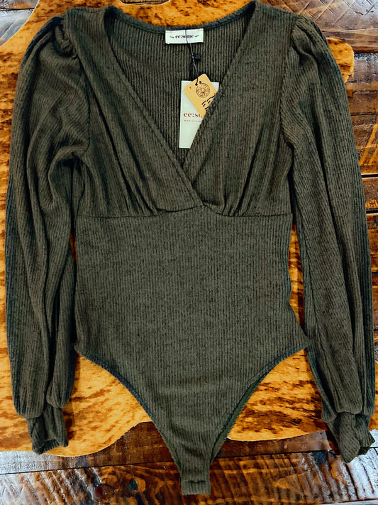 Olive Ribbed V Bodysuit