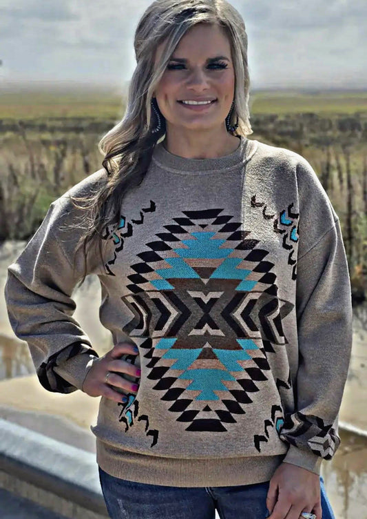 Aztec Print Sweater - Beige/Turquoise
