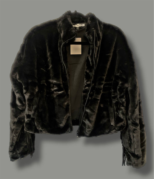 Black Faux Fur with Fringes Cropped Jacket