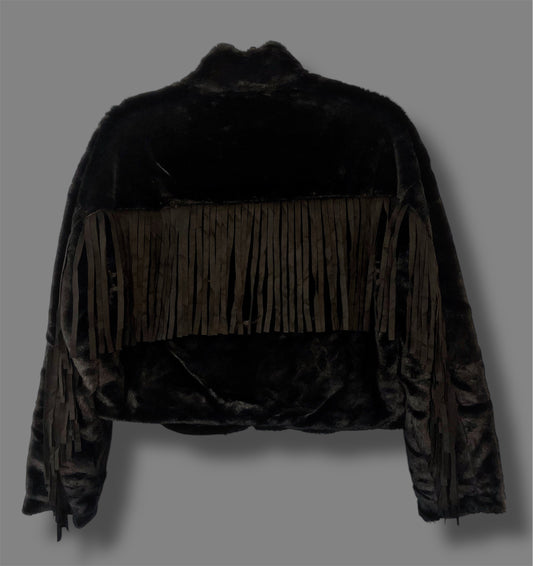 Black Faux Fur with Fringes Cropped Jacket