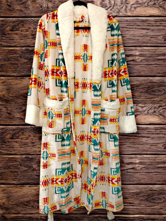 White/Green/Red/Yellow Southwest Print Robe