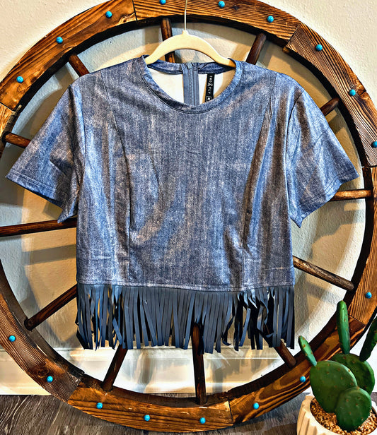 Denim Colored Fringe Crop Top