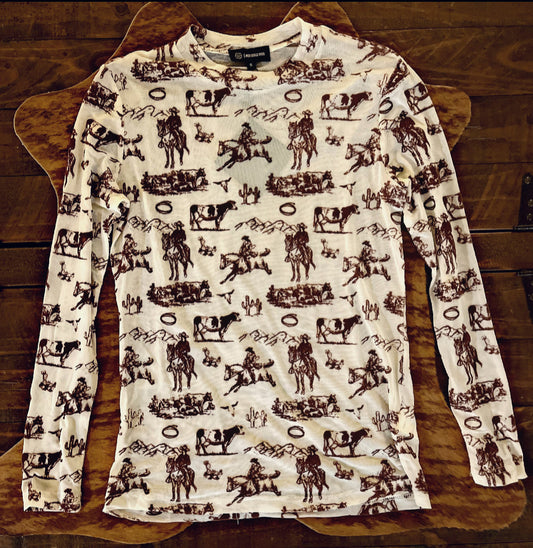 Brown/Cream Western Scene Mesh Top