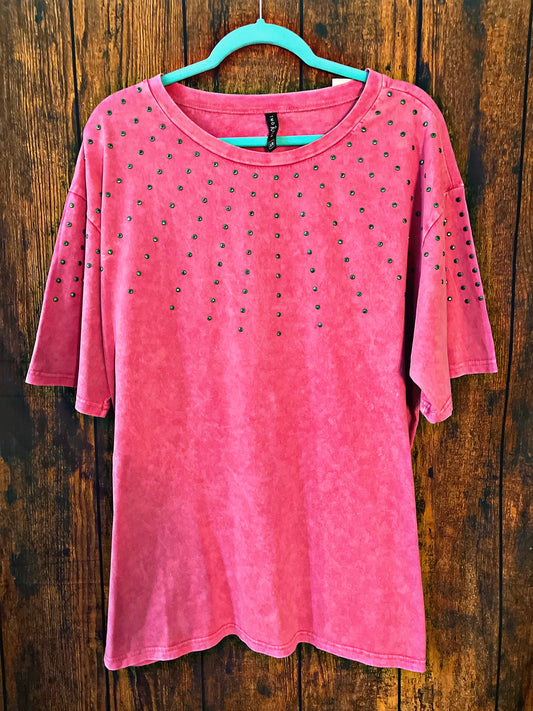 Pink Mineral Washed Oversized Top with Studs