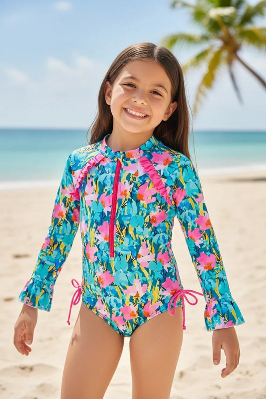 Pink and Teal Floral Swimsuit with Front Zipper