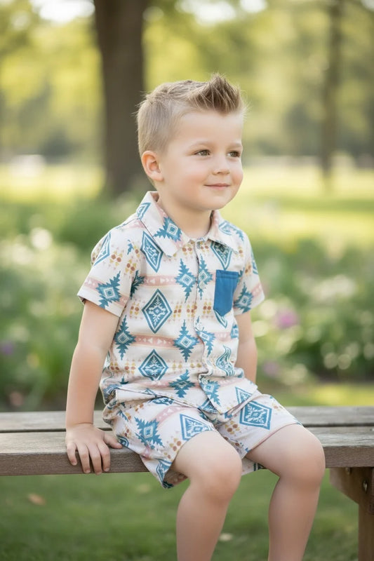 Boy’s Teal and Cream Aztec Print Short Set