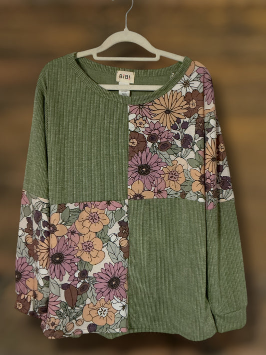 Green and Floral Squares Long Sleeve Top