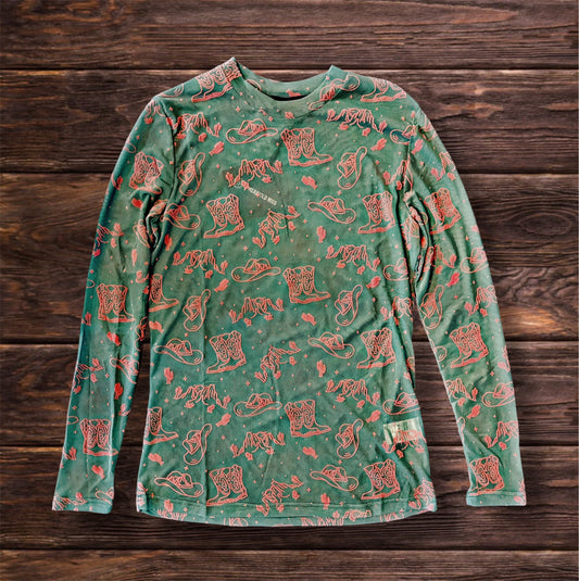 Turquoise Boots/Hats Mesh Top