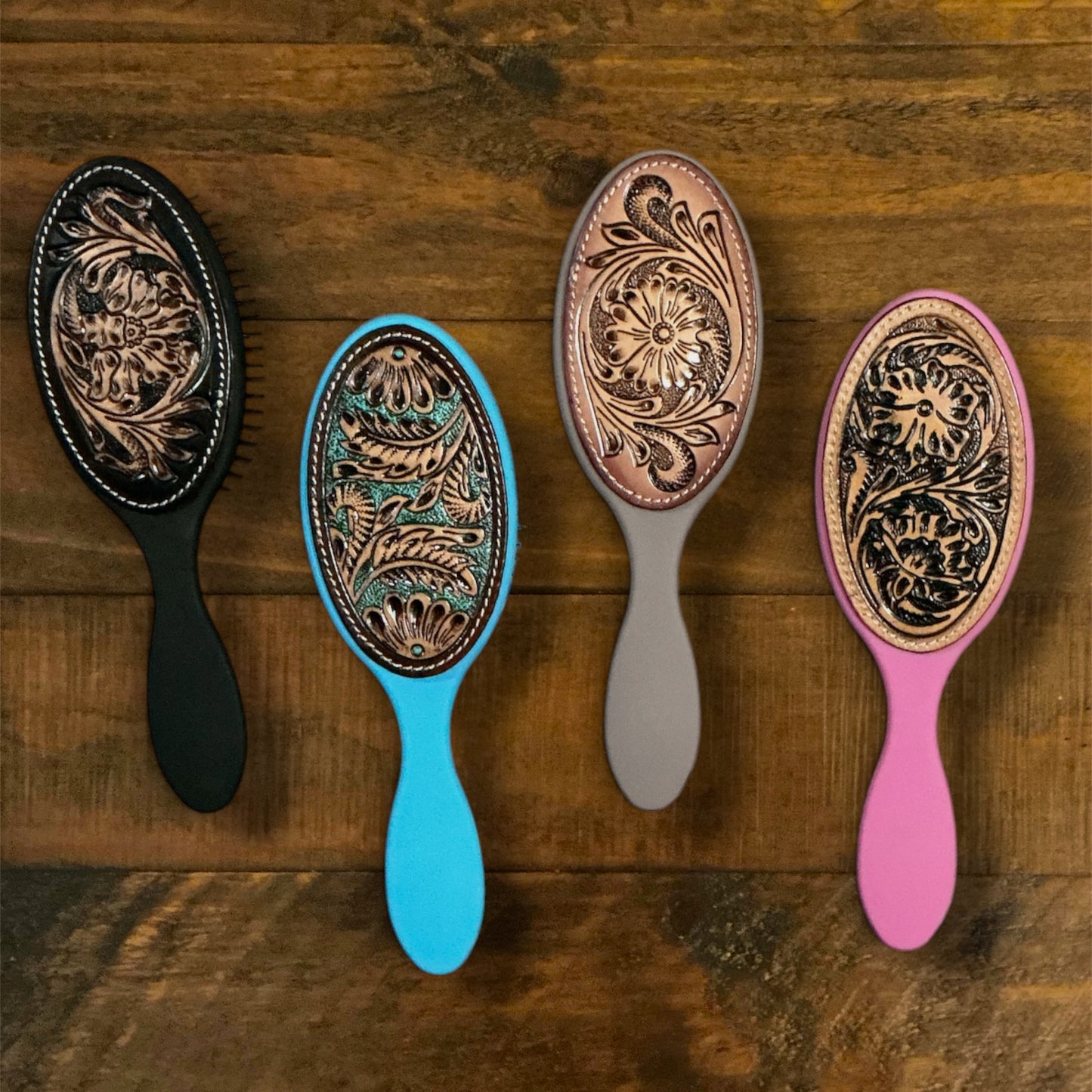 Myra Brand Hairbrushes with Real Tooled Leather