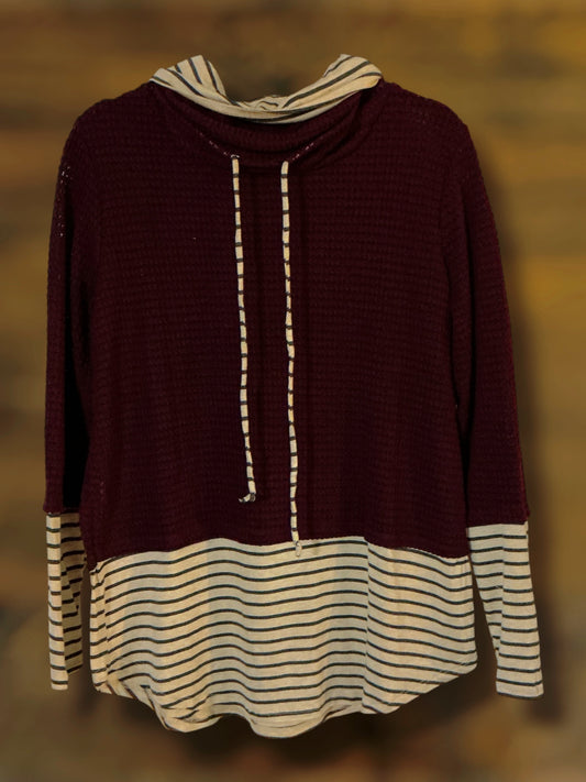 Wine/Stripes Cowl Neck Pullover Top