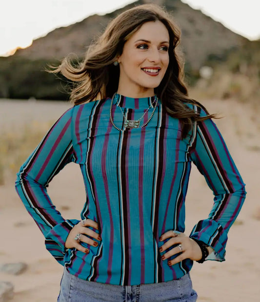 Teal Striped Mesh Top