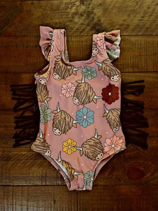 Highland Cow Little Girls Swimsuit