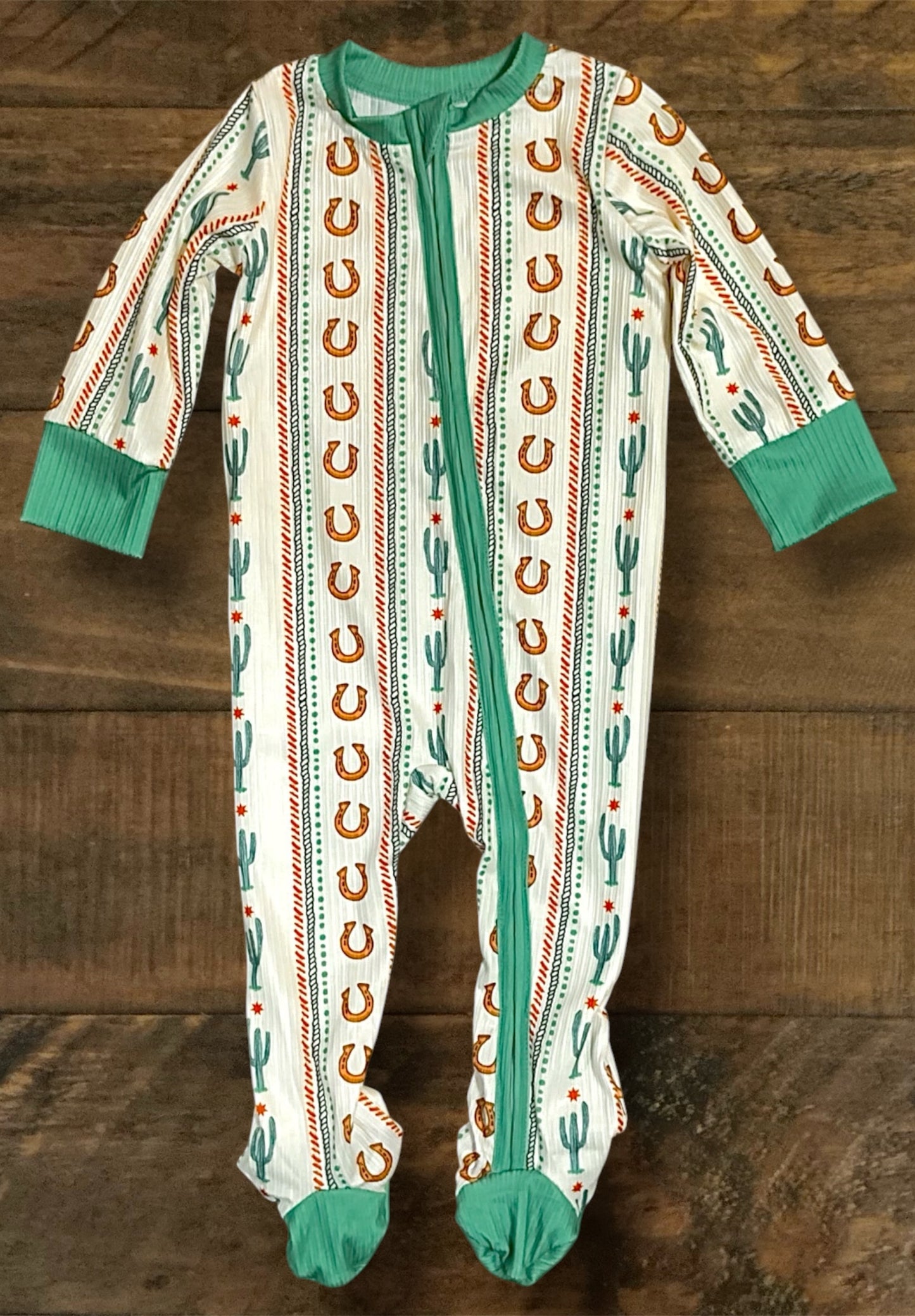 Boy’s Green and White Striped Western Print Romper
