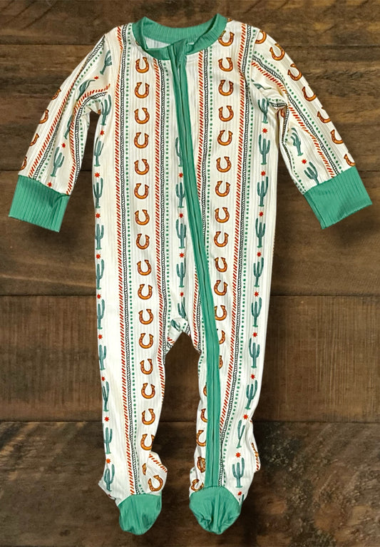 Boy’s Green and White Striped Western Print Romper