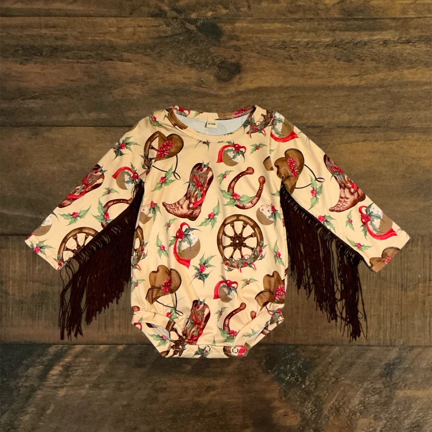 Christmas/Western Print Onesie with Fringe