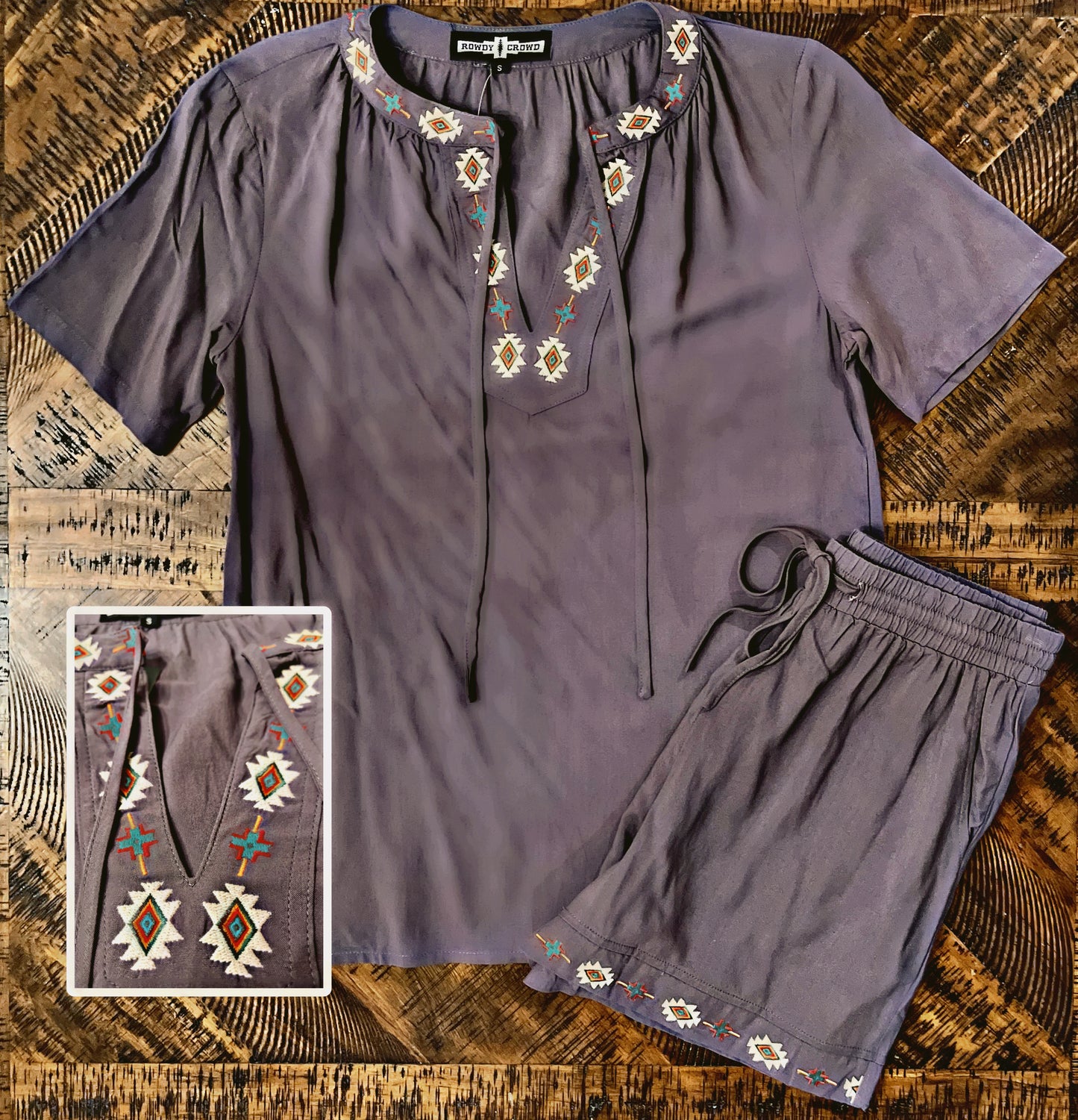 Brown and Aztec Trim Short Set