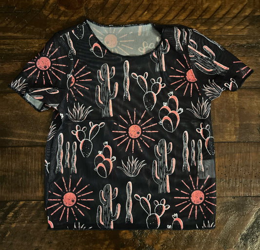 Little Girl’s Short Sleeved Cactus Print Mesh Top