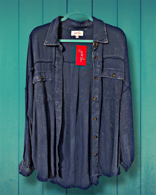 Acid Washed Blue Button Up Top